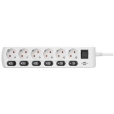 Удлинитель Brennenstuhl Extension Socket, 2 м., 6 роз, выключатель, белый, IP20 (1153110126)