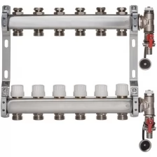 ColSys P811, 6 выходов. Коллекторная группа с отсекающими клапанами, термостатическими клапанами, воздухоотводчиками и дренажными шаровыми кранами