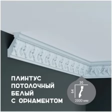 Карниз с орнаментом Fabello Decor C 147, плинтус потолочный белый грунтованный из полиуретана, профиль для потолка, 30*64*2000 мм